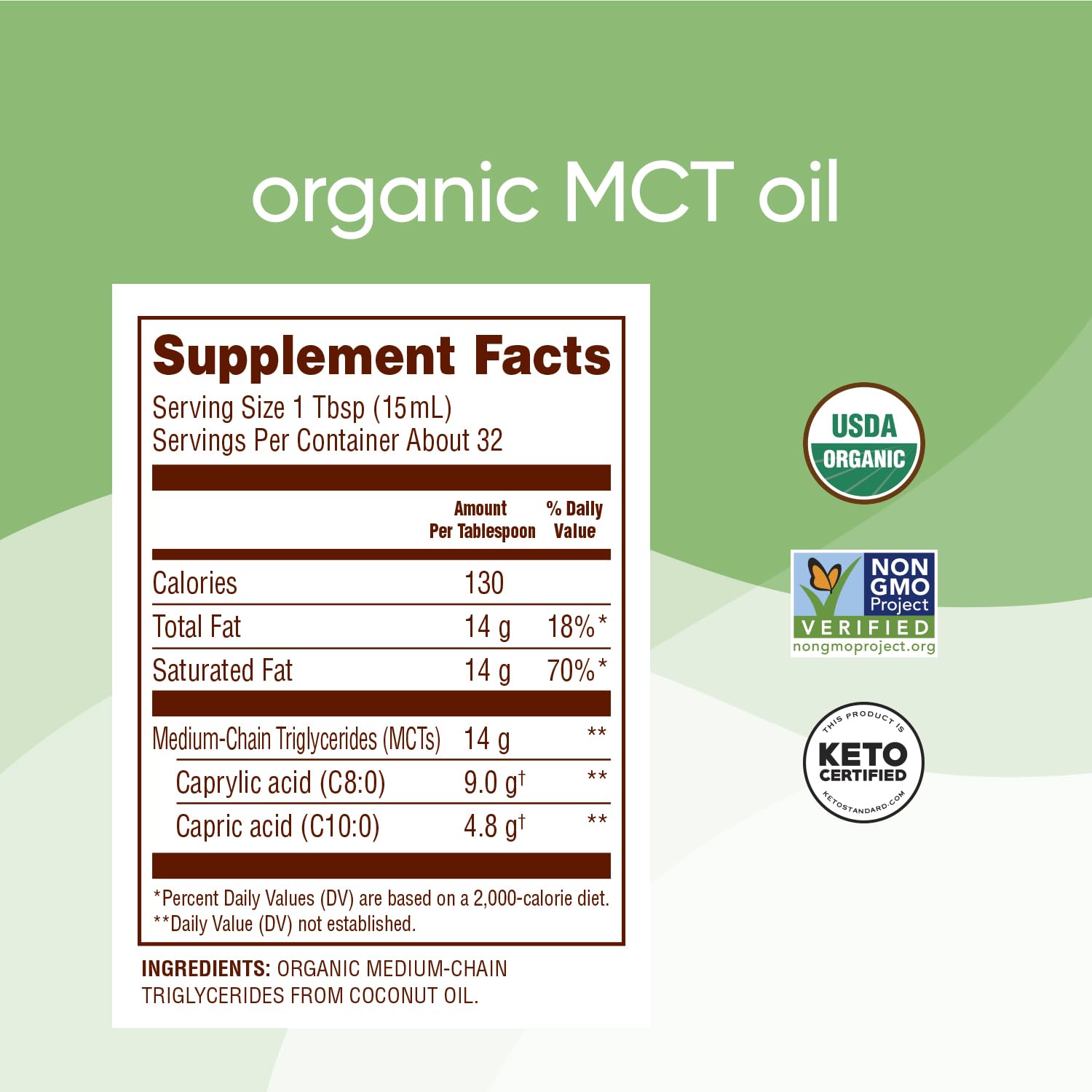 Nutiva Organic MCT Oil unflavored supplement nutritional facts label close up