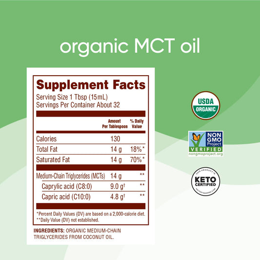 Nutiva Organic MCT Oil unflavored supplement nutritional facts label close up