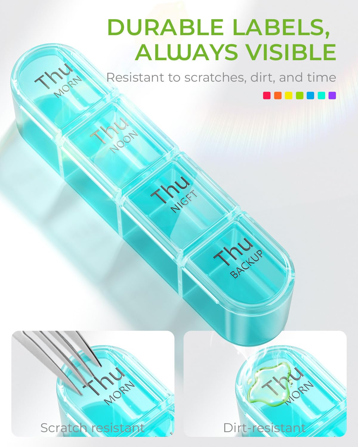 Side angle of the durable weekly pill dispenser showcasing the compact and lightweight travel friendly design