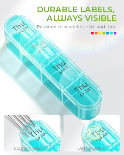 Side angle of the durable weekly pill dispenser showcasing the compact and lightweight travel friendly design