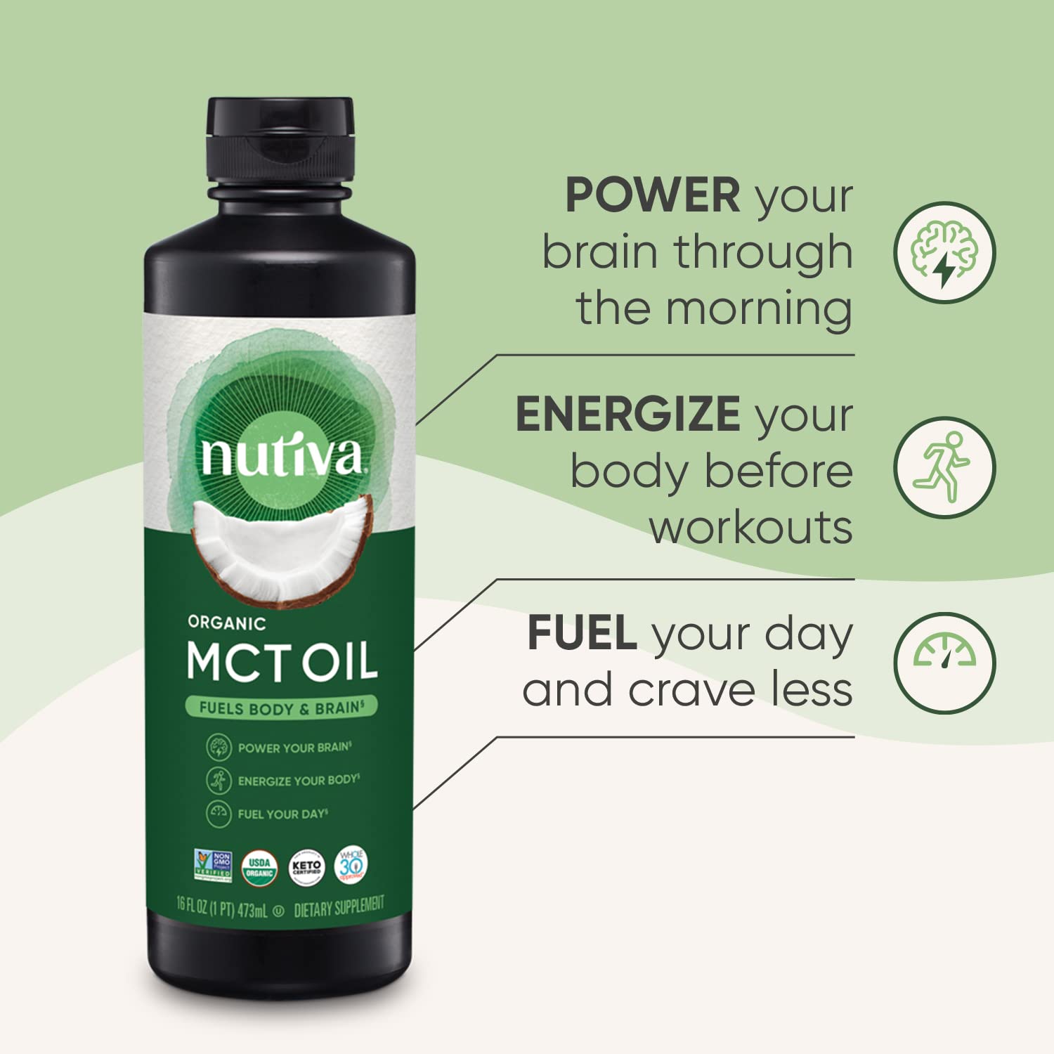 Nutiva certified organic non GMO kosher keto friendly mct oil side view