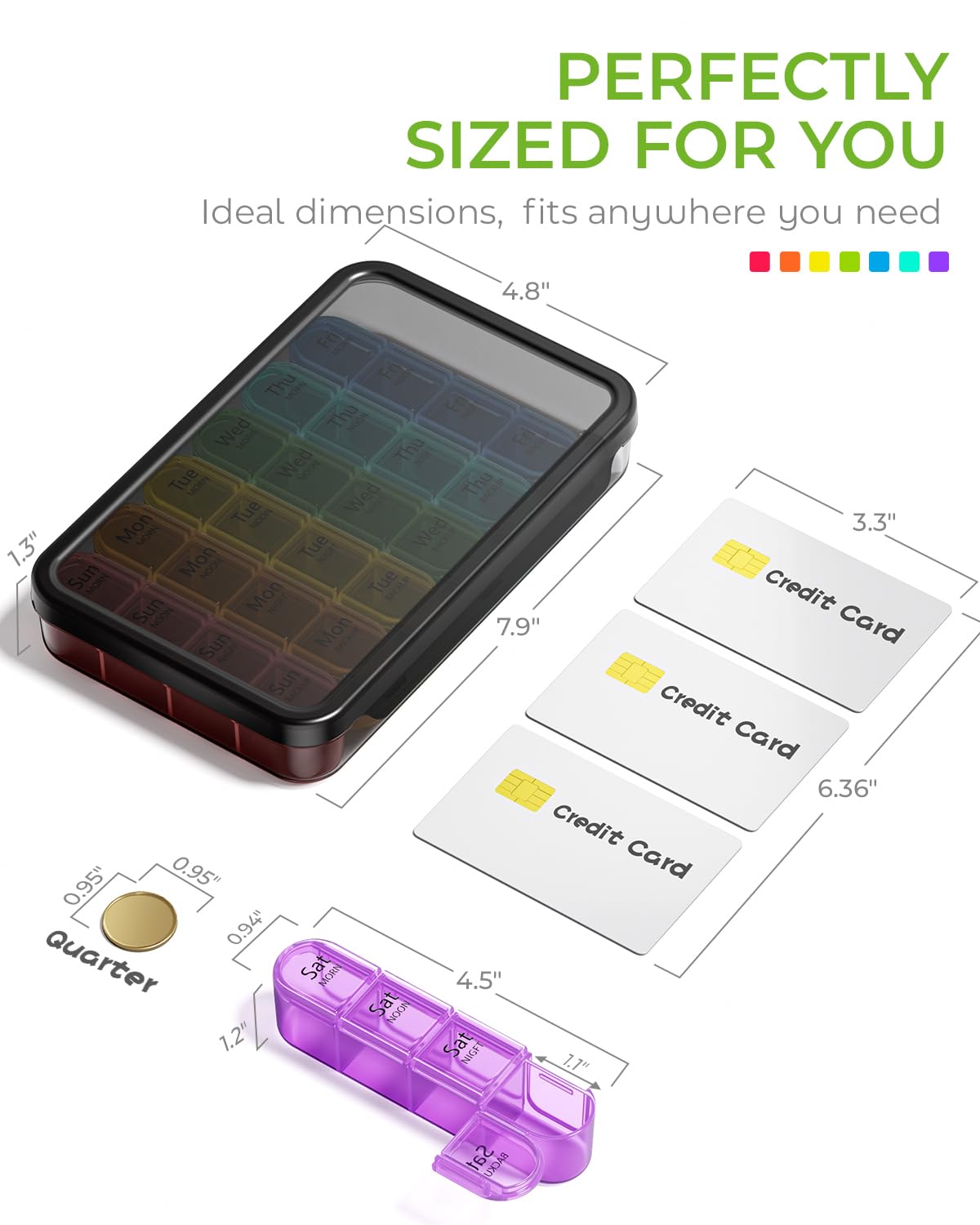 Complete weekly tablet organizer kit enclosed securely inside its protective dark tinted outer shell