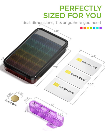 Complete weekly tablet organizer kit enclosed securely inside its protective dark tinted outer shell