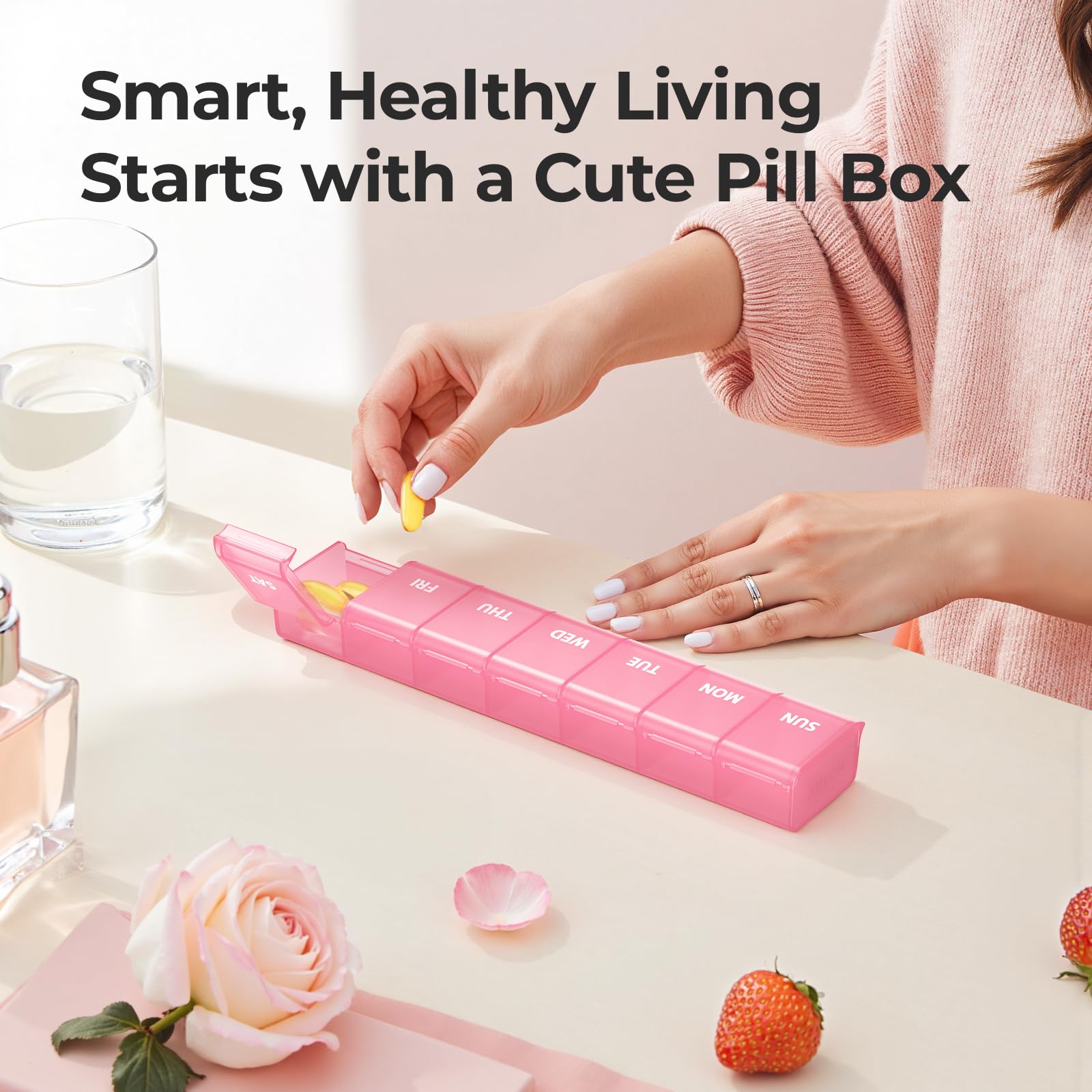 Arthritis friendly medicine box displaying effortless open curved lid design