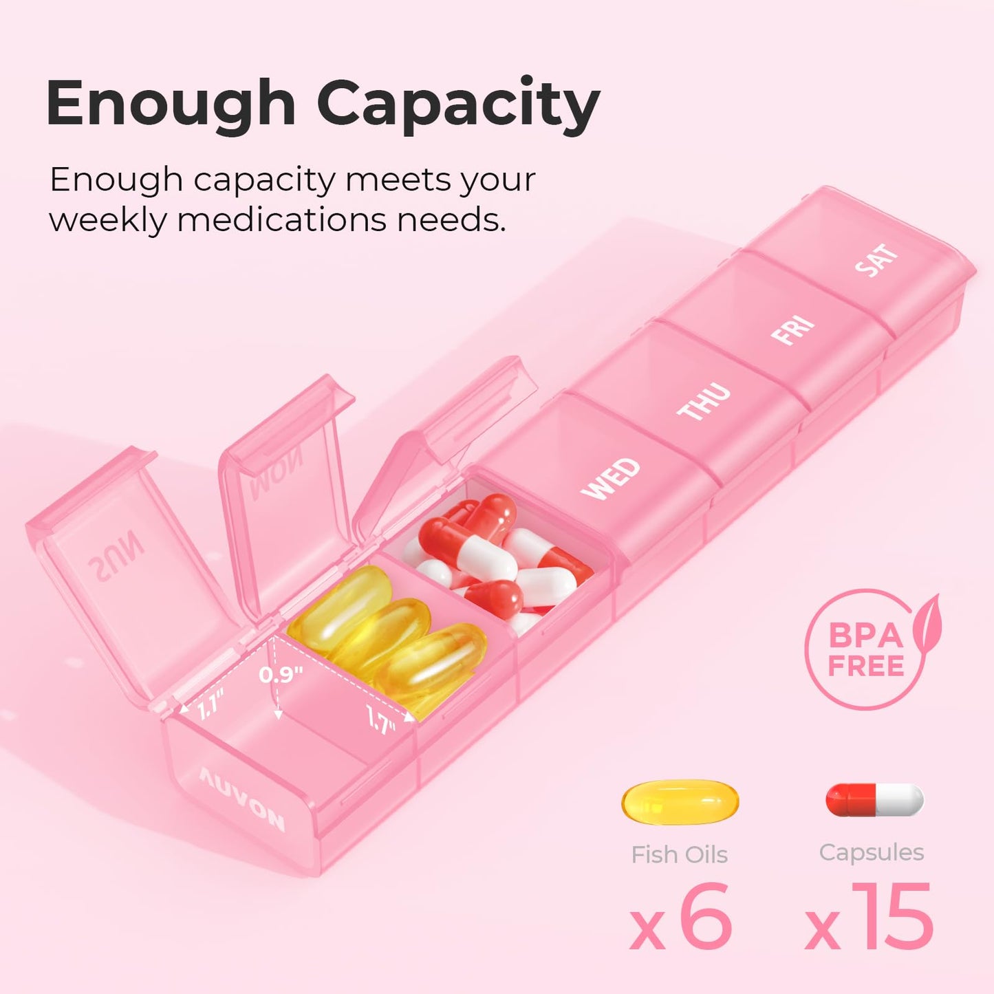 BPA free portable vitamin holder with clearly etched weekday labels
