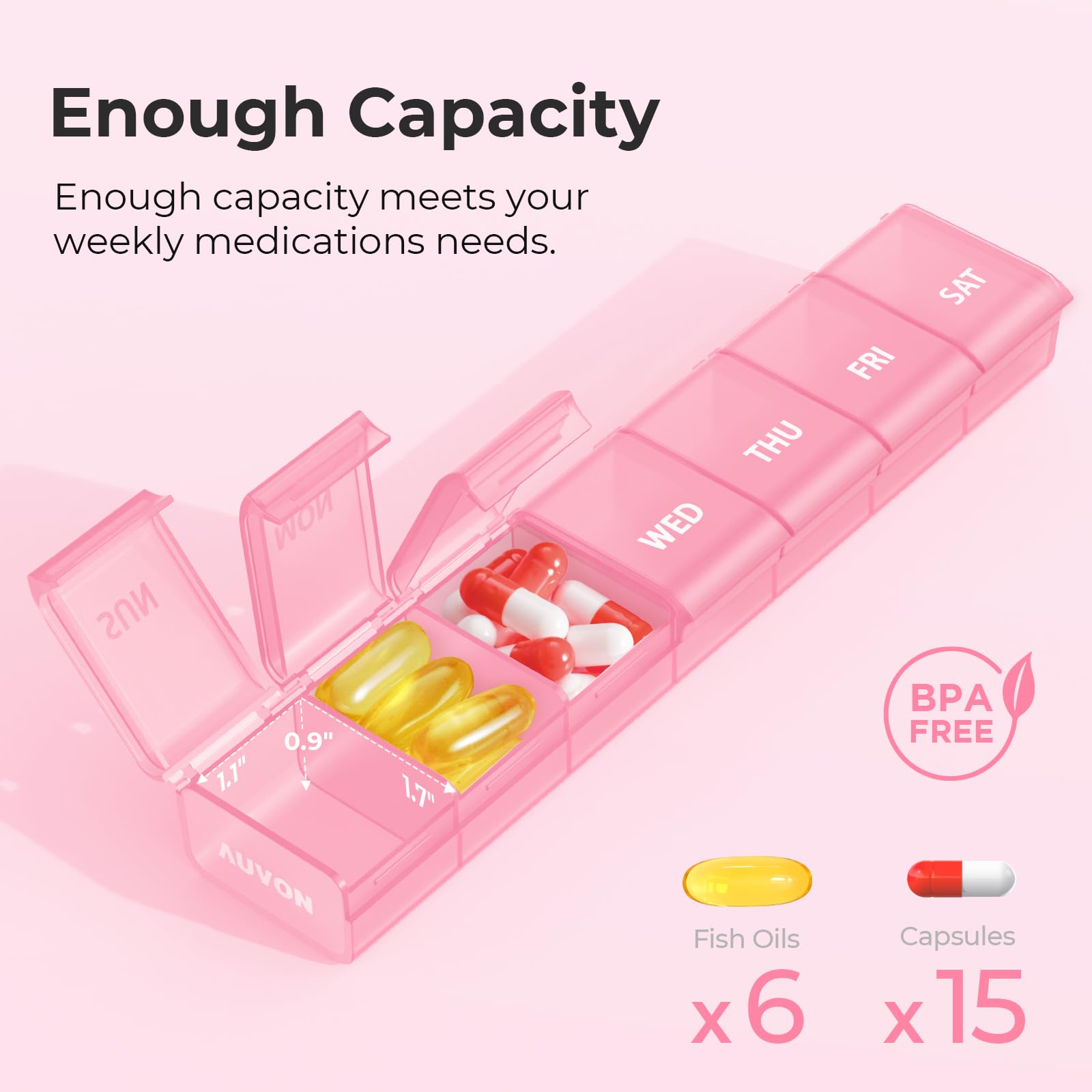 BPA free portable vitamin holder with clearly etched weekday labels