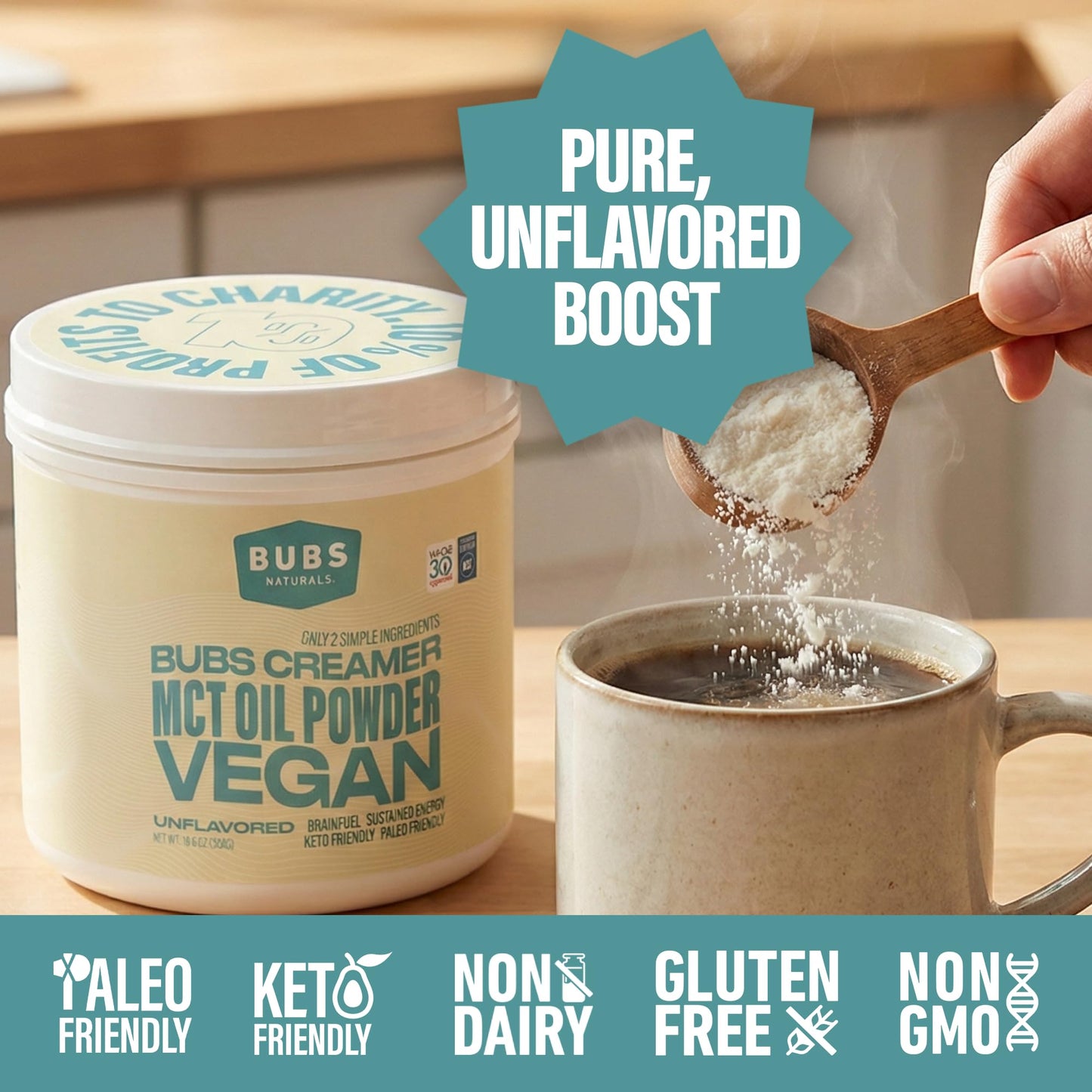 Gluten free dairy free paleo friendly coffee creamer tub for weight management