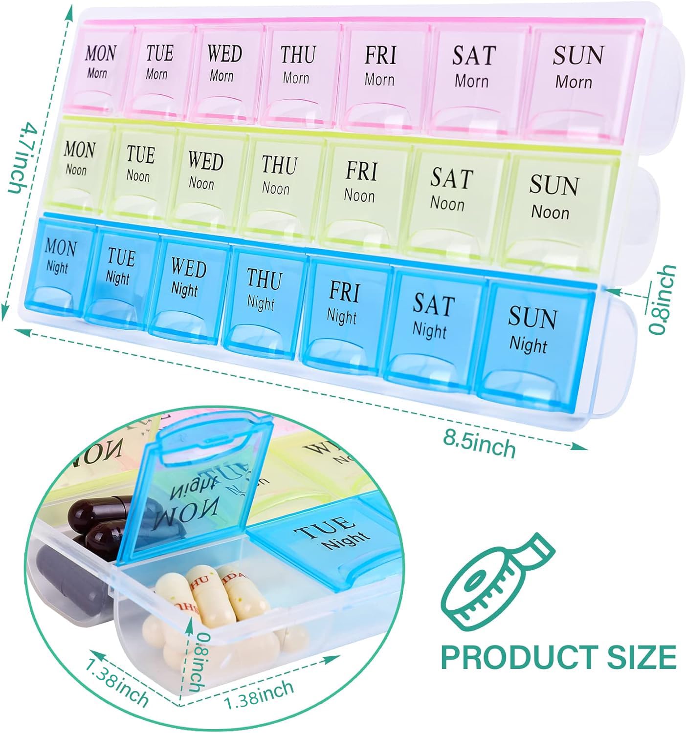 Teikou travel pill case showing open moisture-proof lid and spacious individual vitamin storage slots.