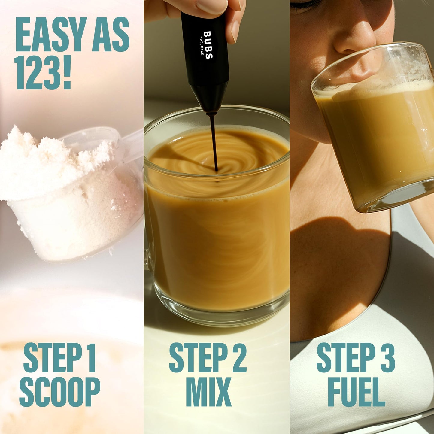 Unflavored dietary supplement powder scoop layout showing fine texture for easy mixing