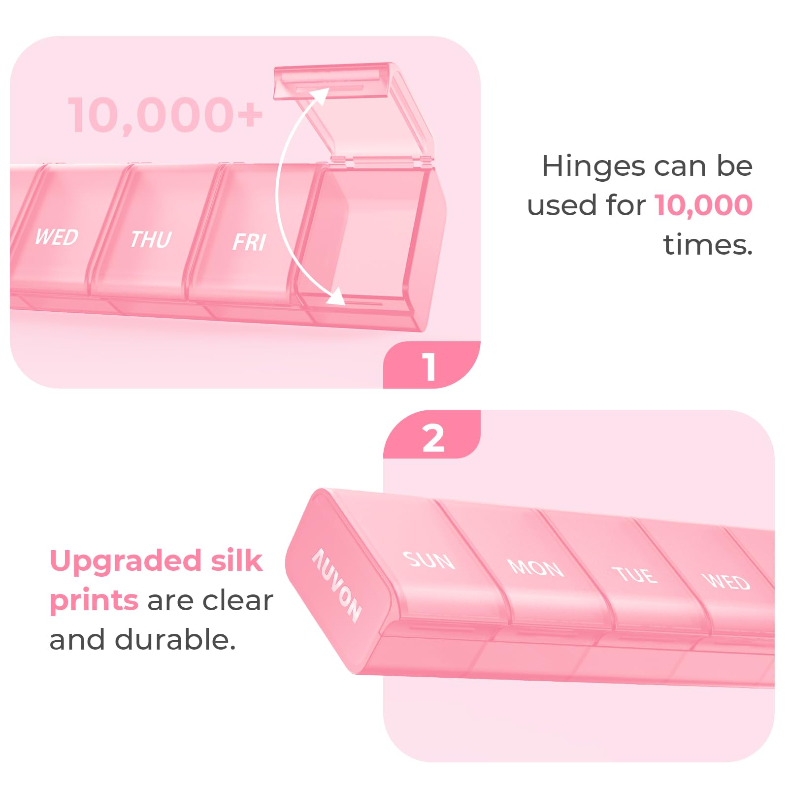 Pink 7 day pill container designed for seniors and individuals with long nails
