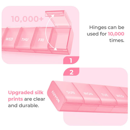 Pink 7 day pill container designed for seniors and individuals with long nails