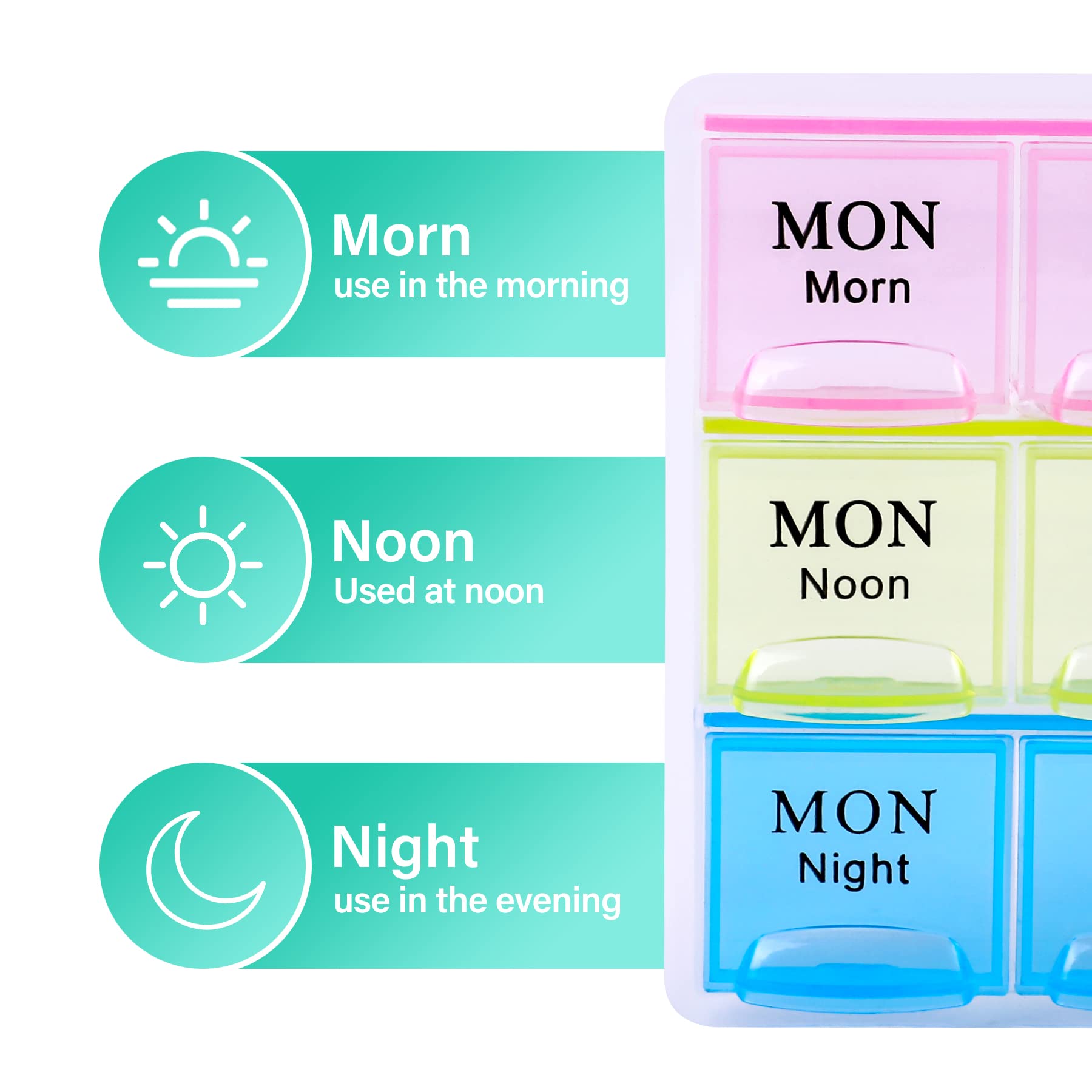 Teikou 7 day pill box illustrating morning noon and night rows for medication management.