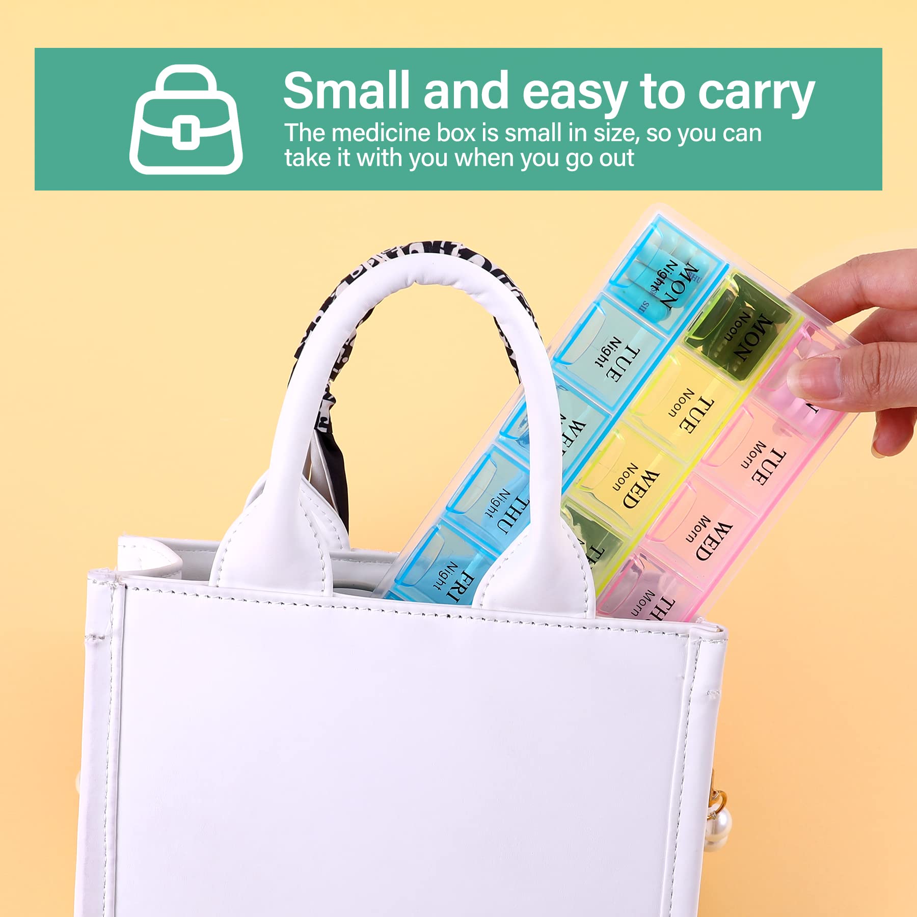Teikou durable BPA-free plastic daily medicine case with secure snap-lock lids closed tight.