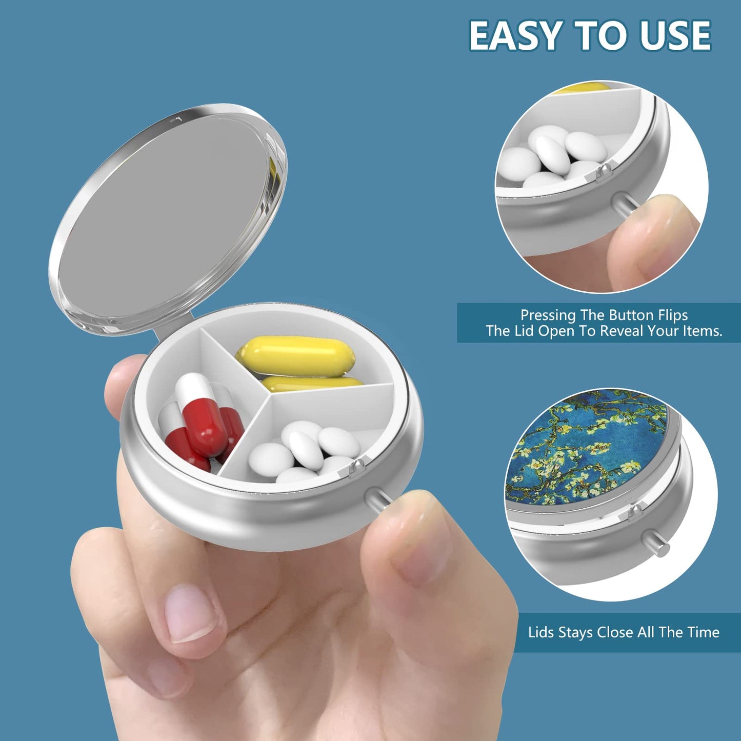Hion portable pocket daily supplement organizer placed next to a purse to demonstrate compact dimensions.