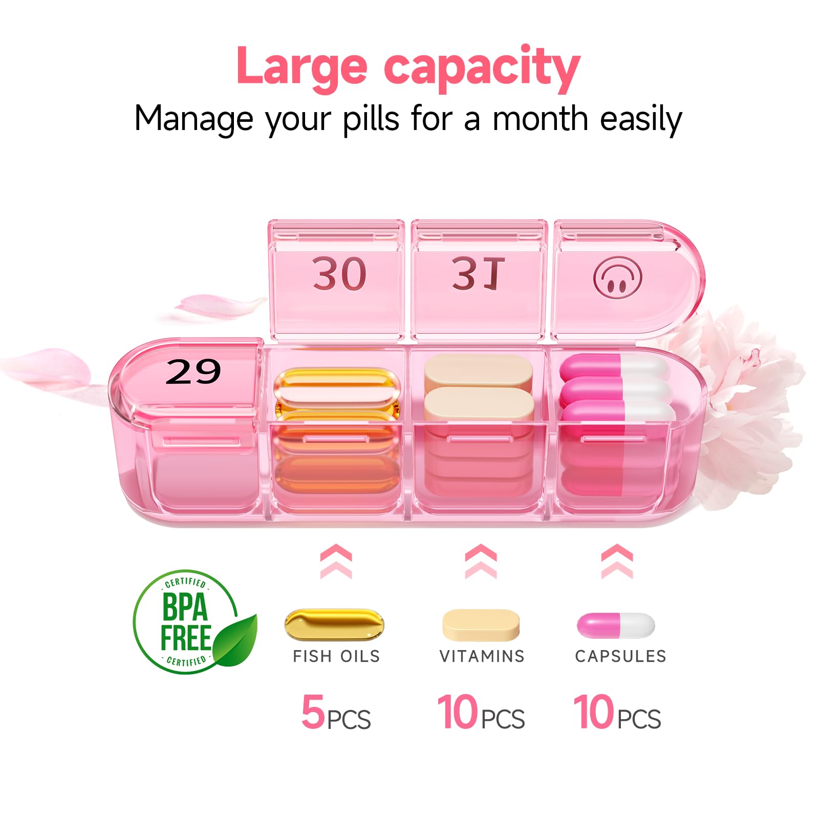 Zoksi thirty day pill box organizer with detached daily pods showcasing portable medicine storage options.