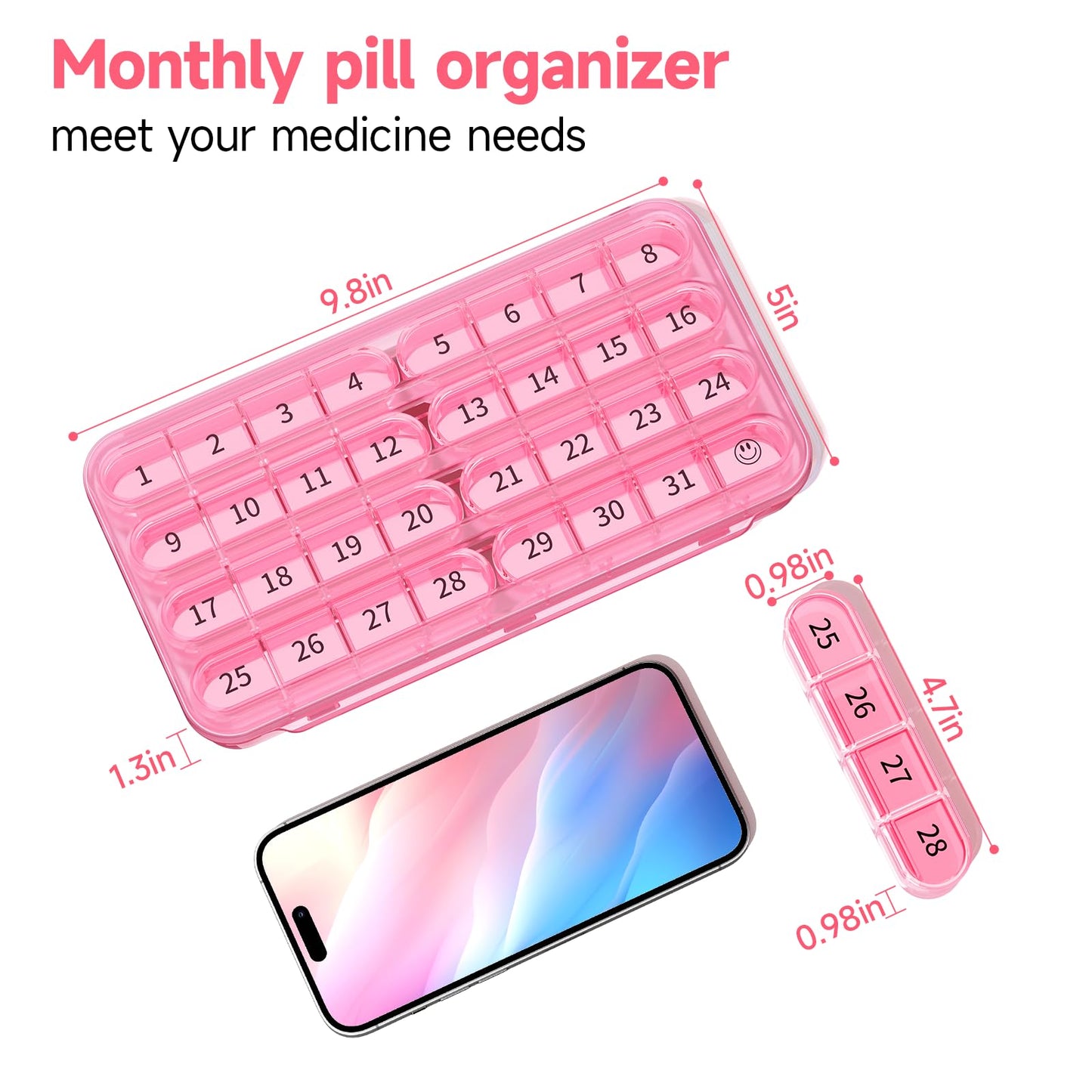 Zoksi one month large pill case for travel showing the snap tight outer protective lid.