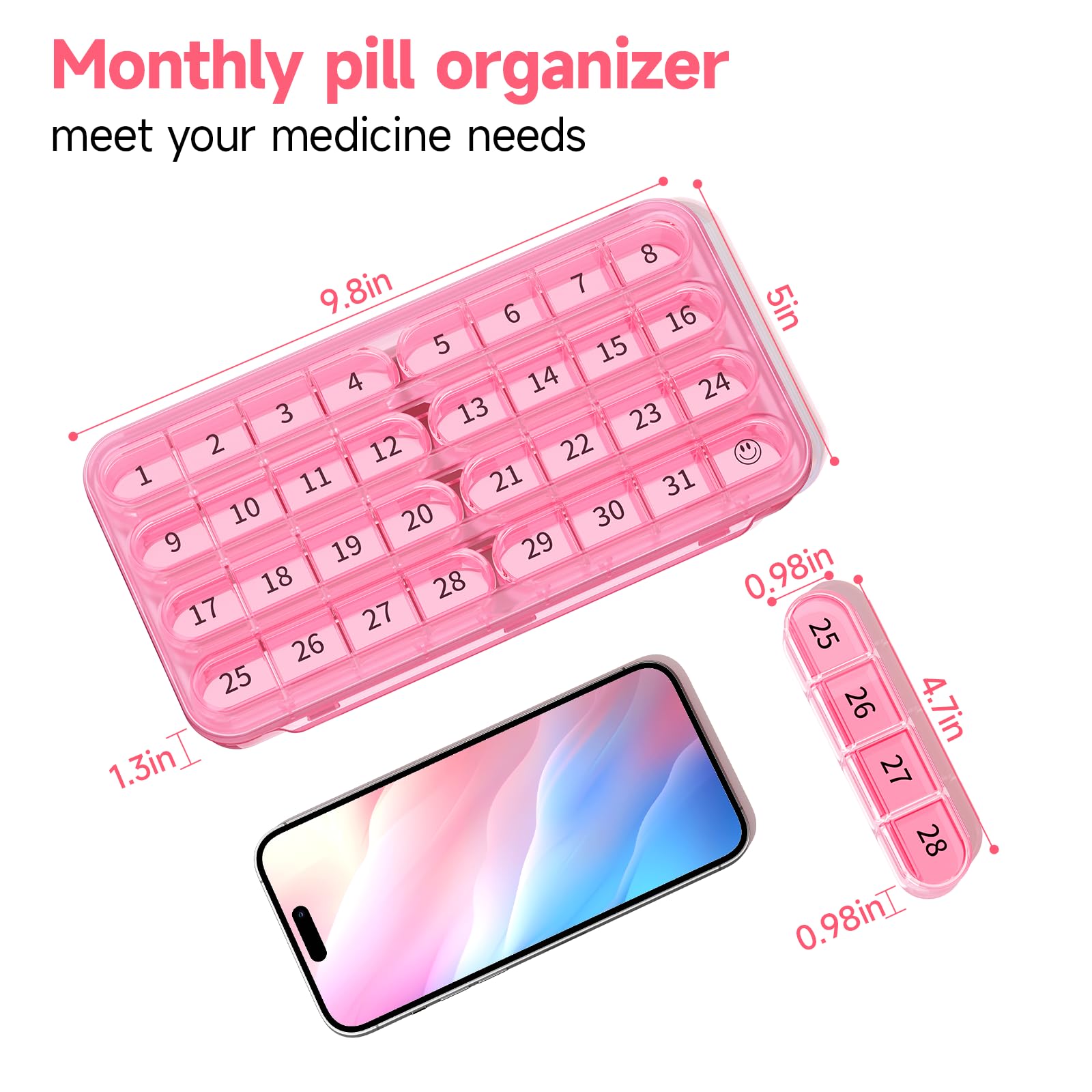 Zoksi one month large pill case for travel showing the snap tight outer protective lid.