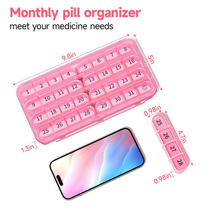 Zoksi one month large pill case for travel showing the snap tight outer protective lid.