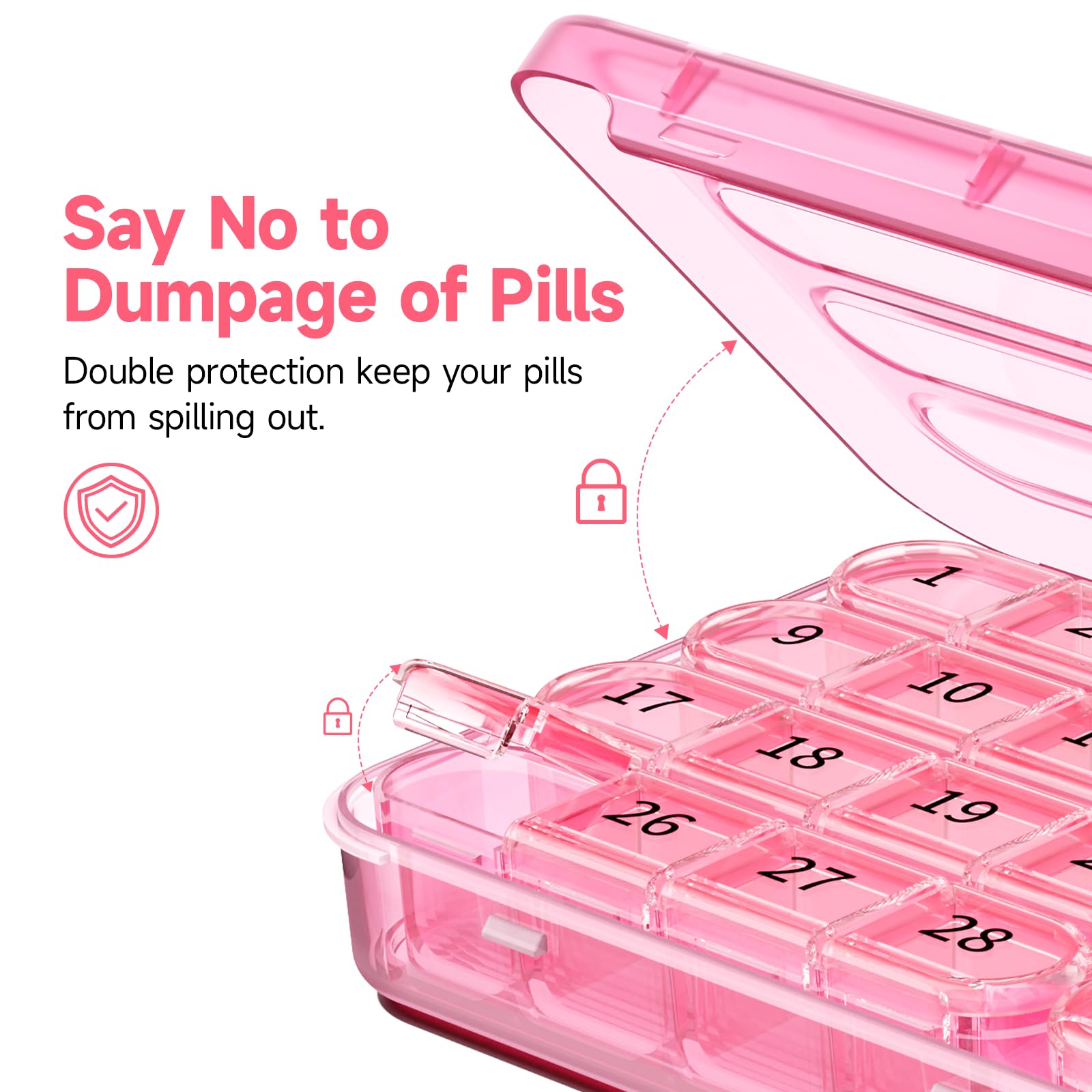 Zoksi thirty one day daily medicine container with color coded trays holding fish oil capsules.