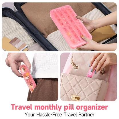 Zoksi pink travel pill organizer close up of numbered transparent individual compartments.