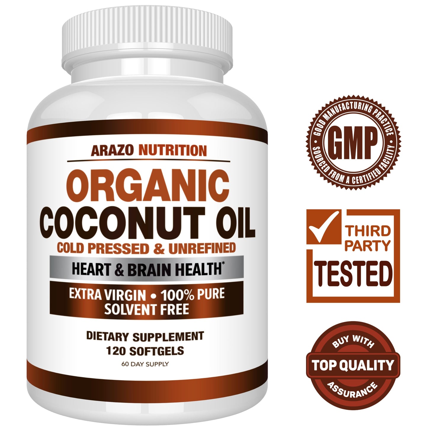 Arazo Nutrition extra virgin cold pressed coconut oil 120 vegan softgels container