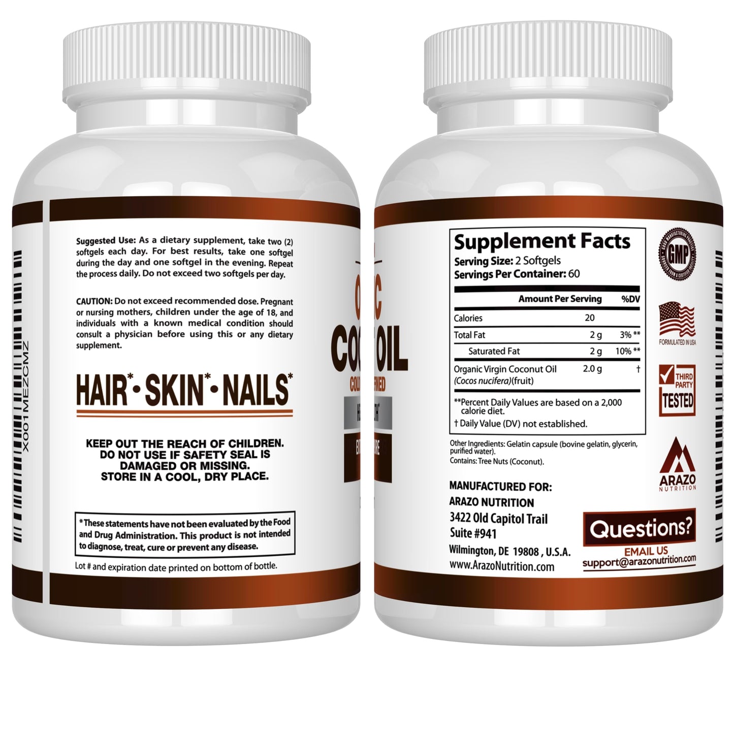 USA imported Arazo Nutrition unrefined coconut oil capsules for hair and skin