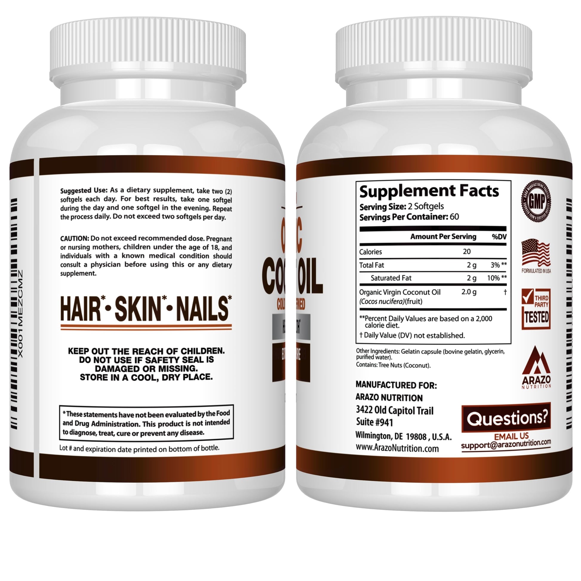 USA imported Arazo Nutrition unrefined coconut oil capsules for hair and skin