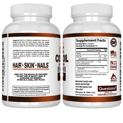 USA imported Arazo Nutrition unrefined coconut oil capsules for hair and skin