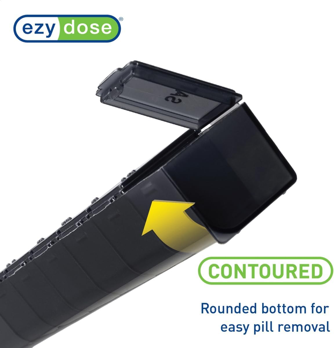 Side angle of the Ezy Dose black pill planner demonstrating the secure snap shut lids for safe travel storage.