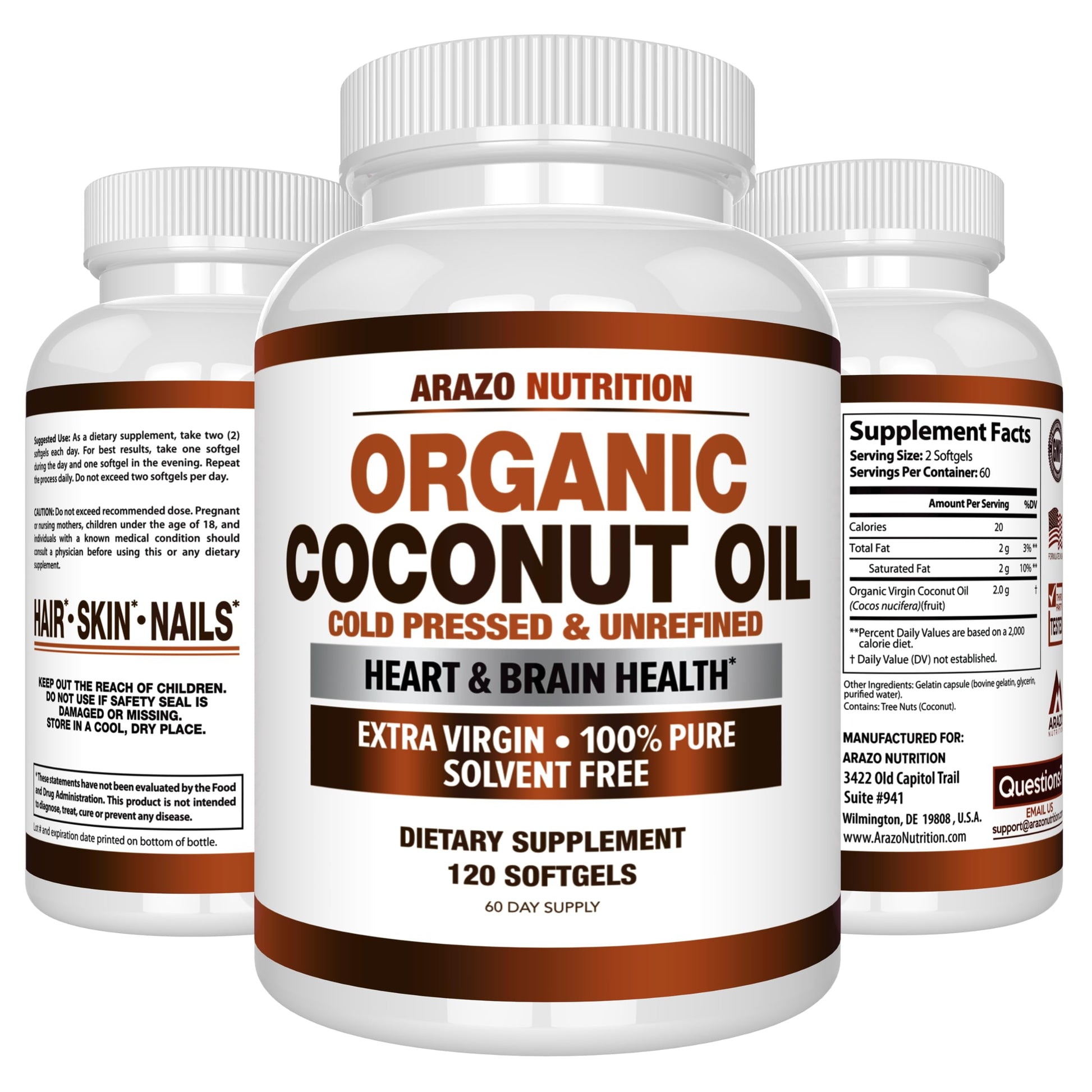 Arazo Nutrition non-GMO extra virgin coconut oil softgels side label information