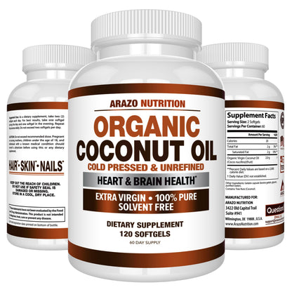 Arazo Nutrition non-GMO extra virgin coconut oil softgels side label information