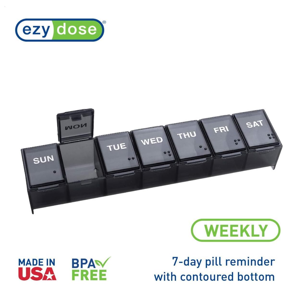 Close up view of an open compartment on the Ezy Dose vitamin organizer highlighting the rounded bottom for easy tablet removal.