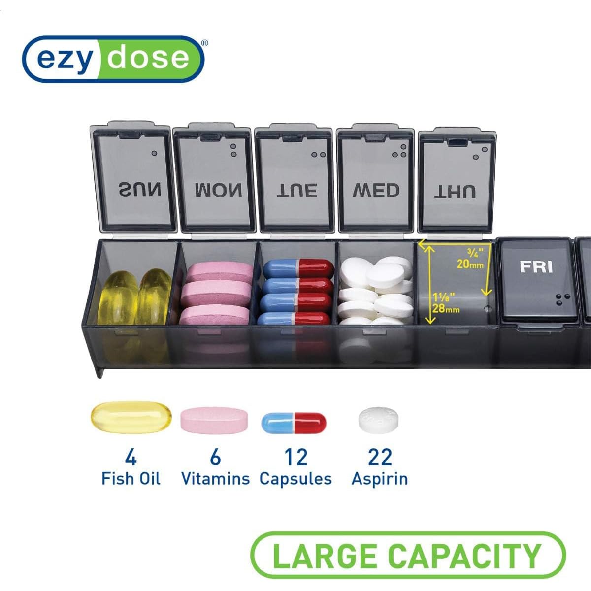 Ezy Dose 7 day medicine sorter held in hand to showcase its compact travel friendly dimensions and lightweight design.