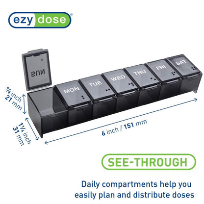 Top view of the premium black Ezy Dose supplement container emphasizing the clear white lettering for each day of the week.