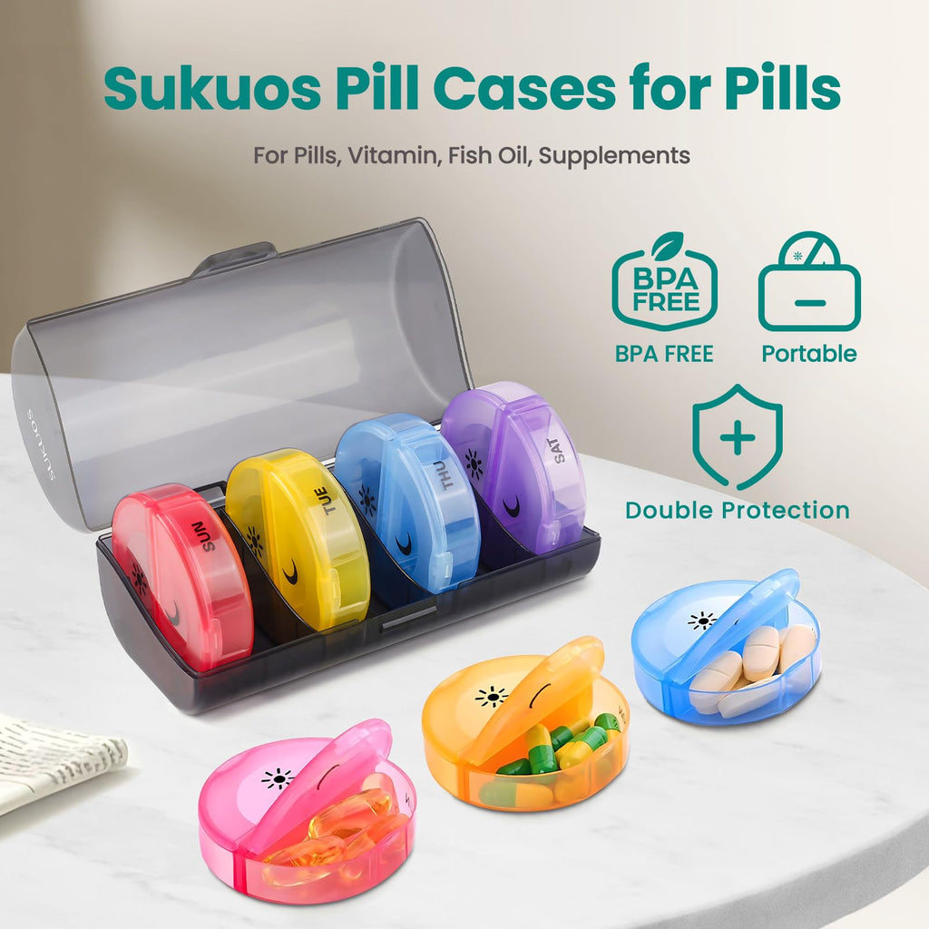 Sukuos daily pill box 7 day easy to open showing individual detachable am pm compartments with sun and moon icons