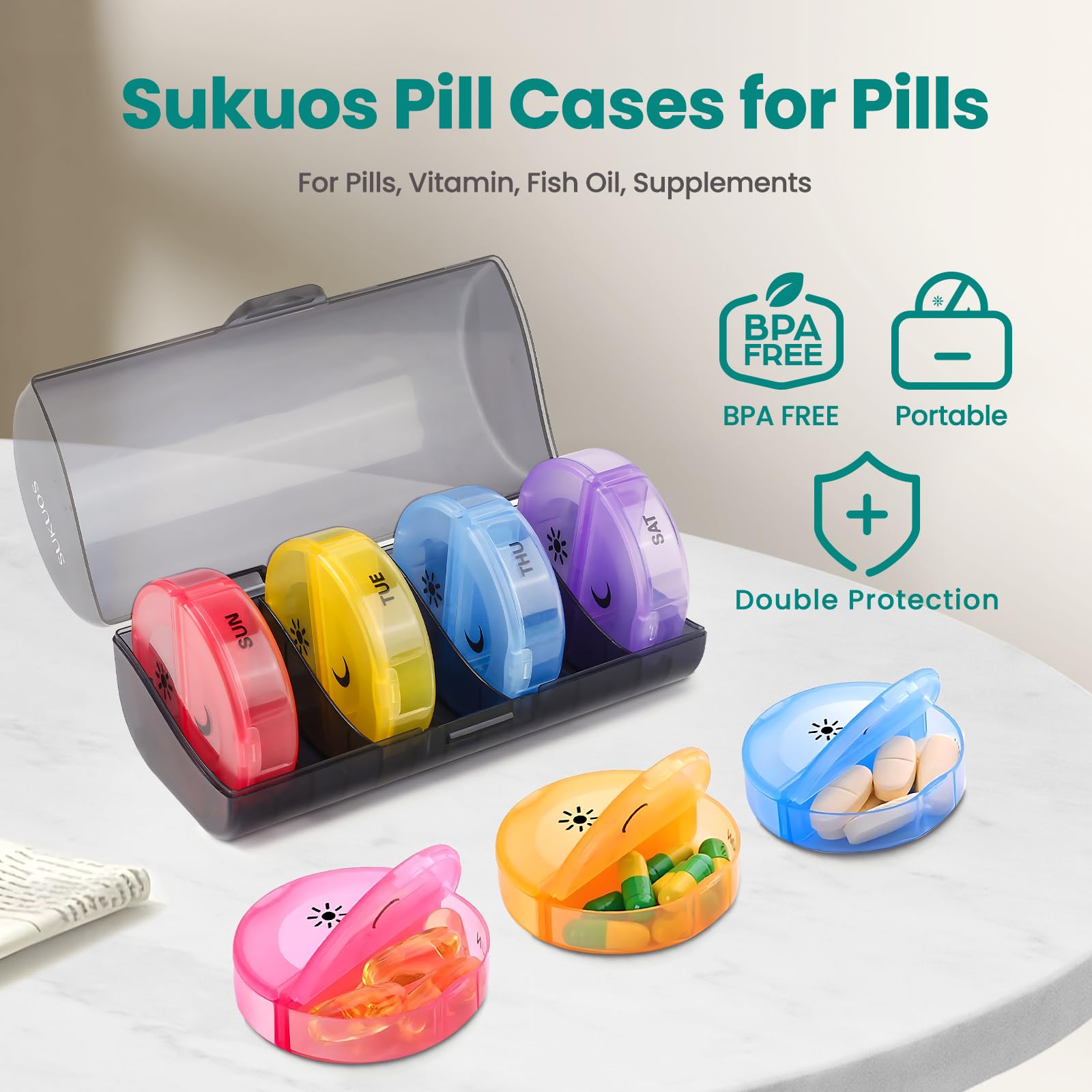 Sukuos daily pill box 7 day easy to open showing individual detachable am pm compartments with sun and moon icons