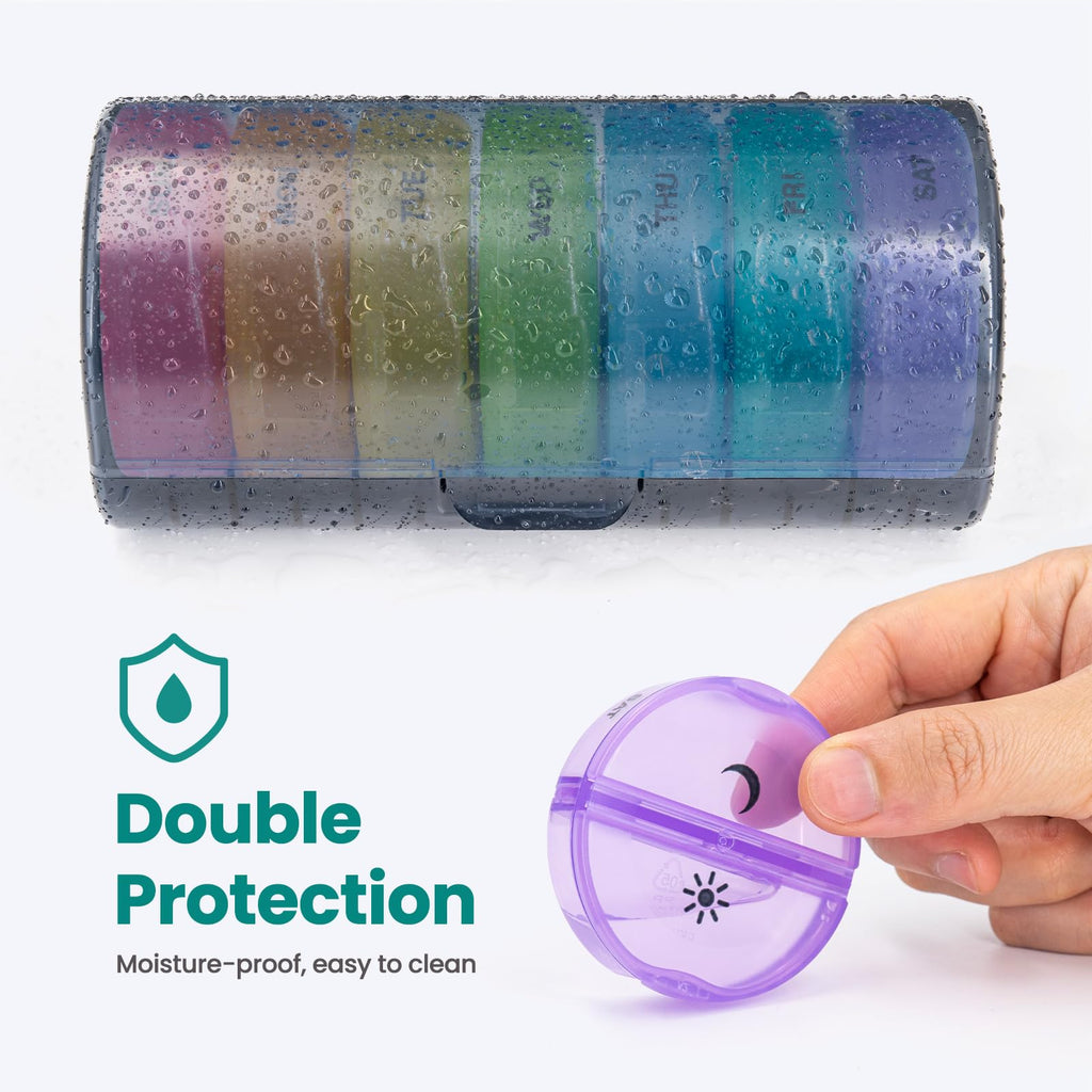 Sukuos portable travel pill container with one daily rainbow tray being pulled out for on the go use