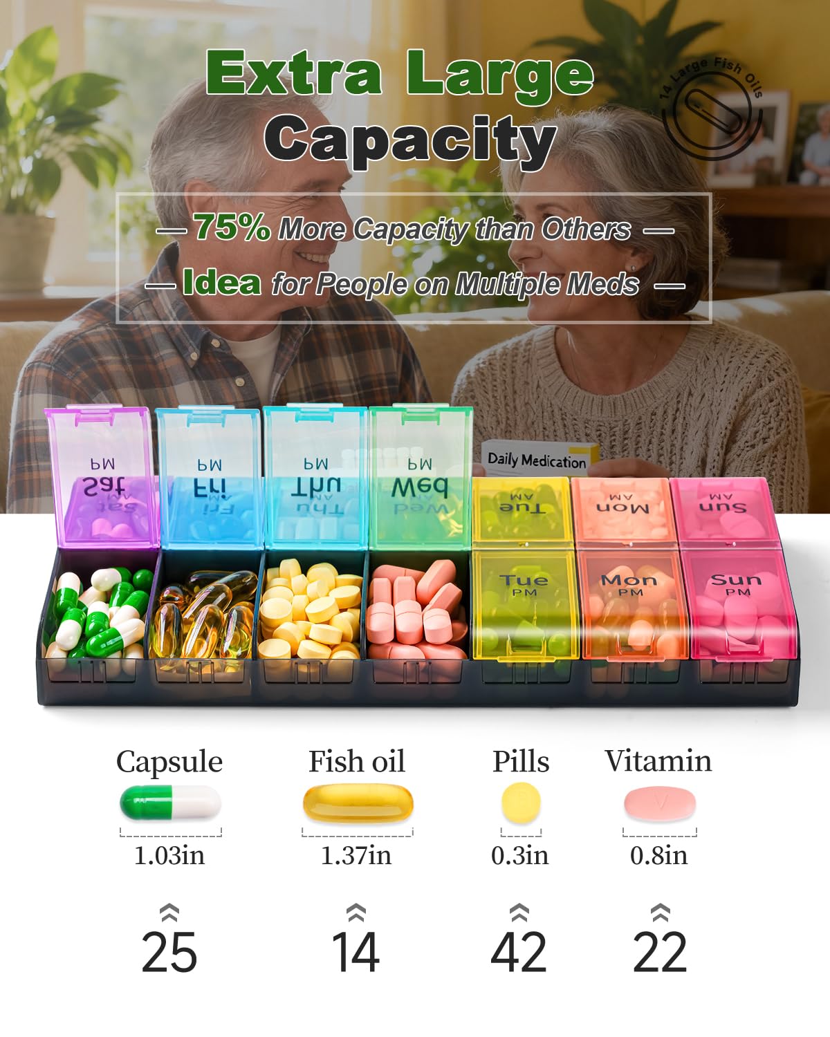 Side angle of the Colorwing oversized twice a day pill container showing the dual protection locking outer shell.