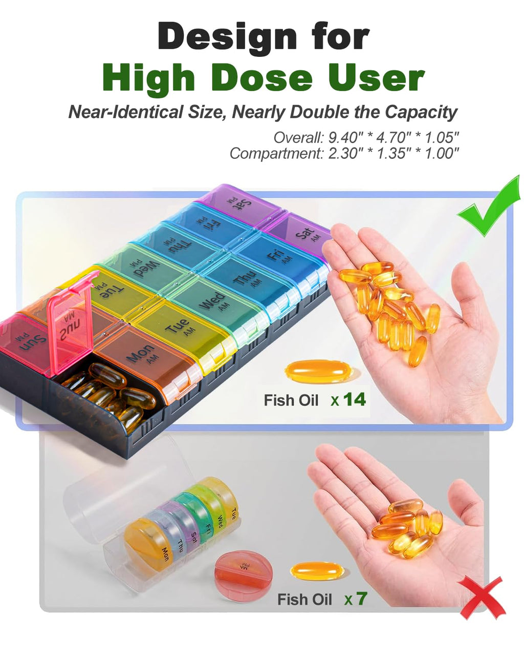 Close up view of the open compartments on the Colorwing seven day pill box demonstrating arthritis friendly lids.