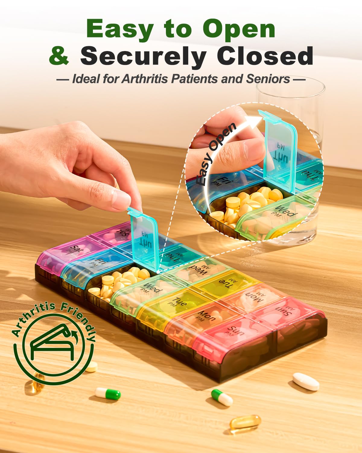Top perspective of the Colorwing jumbo medicine holder showing clear am pm text labels and weekday icons.