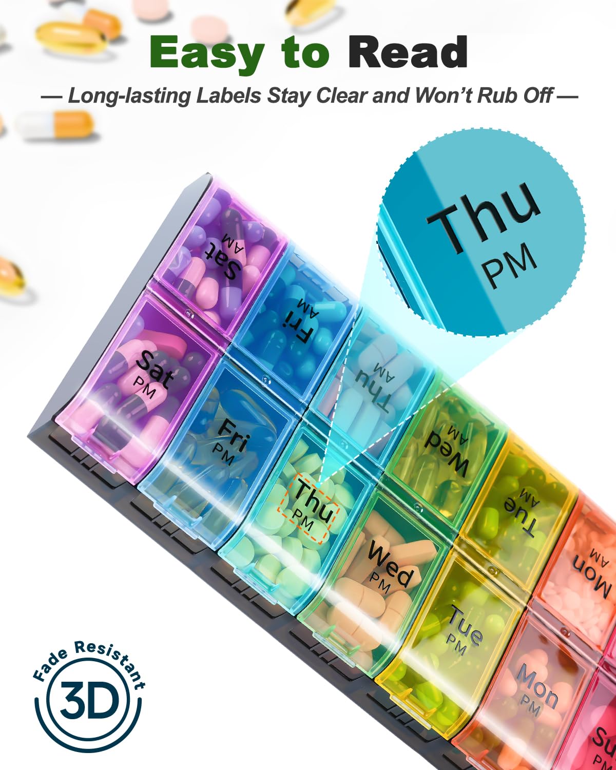 Colorwing weekly medication dispenser filled with multiple fish oil capsules showcasing the extra large storage capacity.