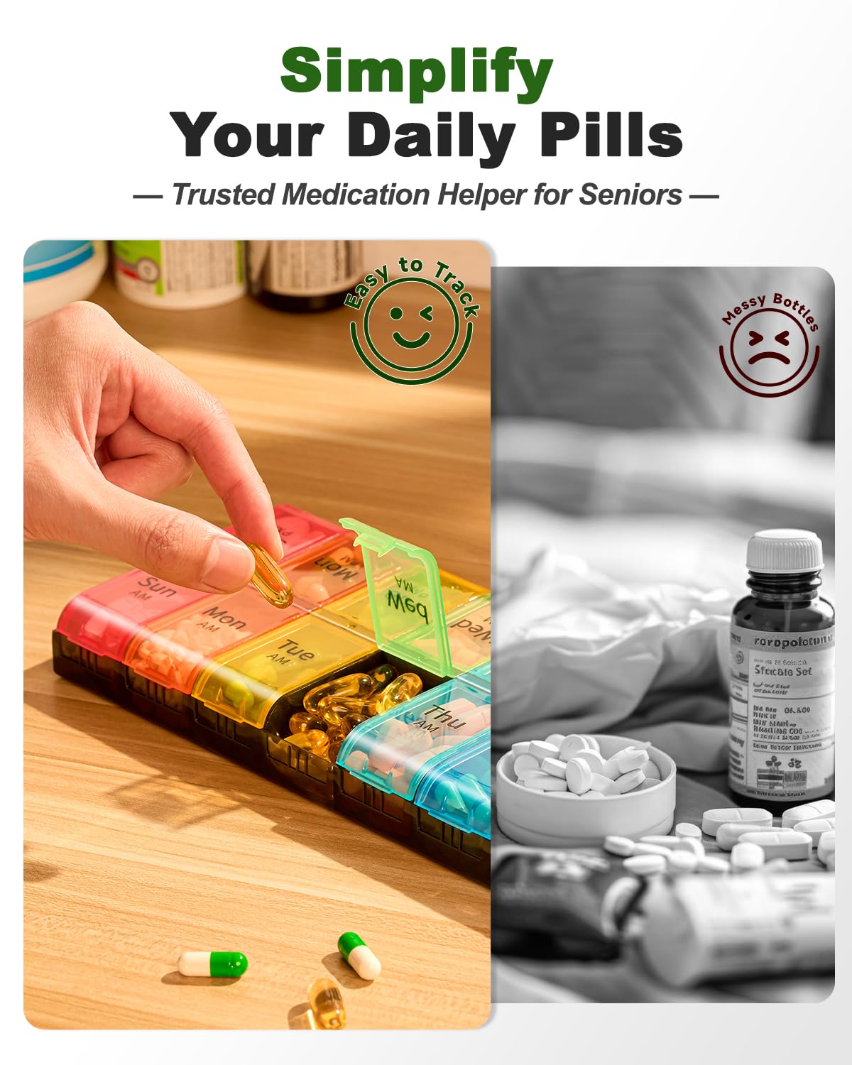 Colorwing extra large pill organizer held by an elderly user to demonstrate the easy to open senior friendly latches.