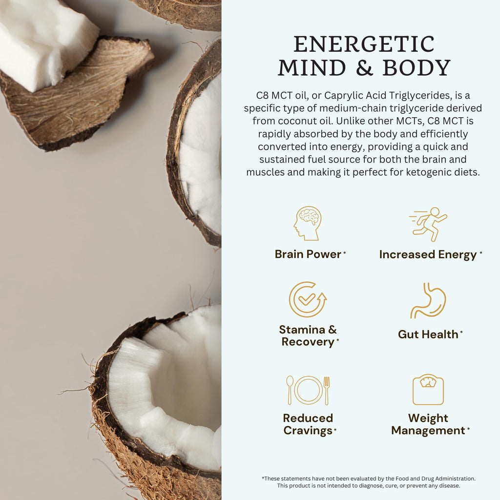 VTC C8 dietary supplement bottle next to fresh coconuts