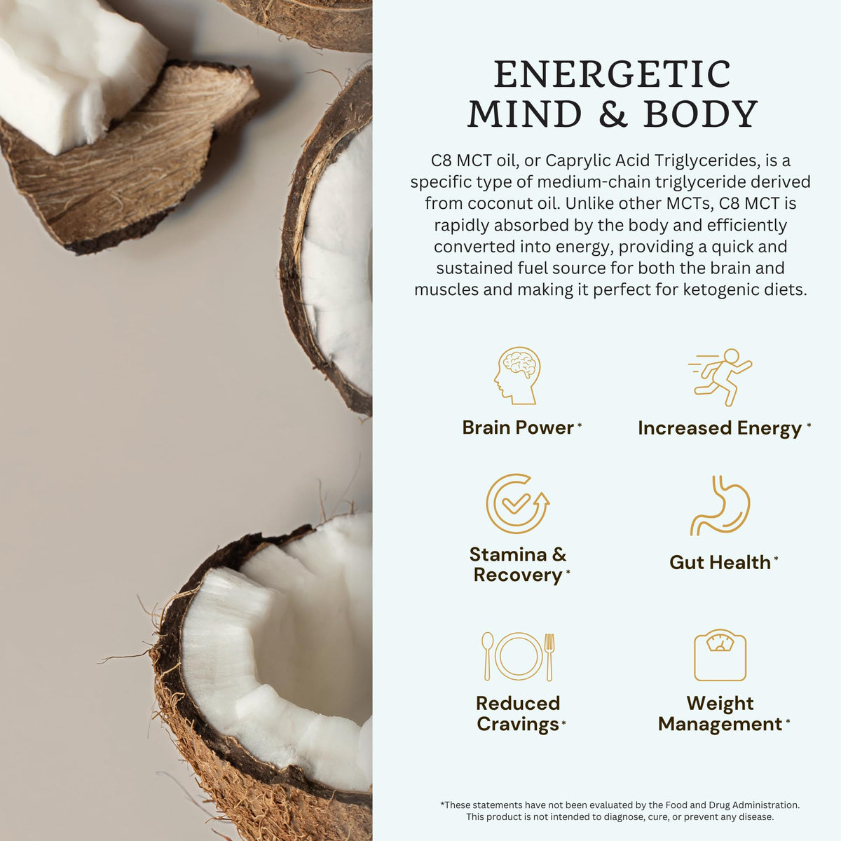 VTC C8 dietary supplement bottle next to fresh coconuts