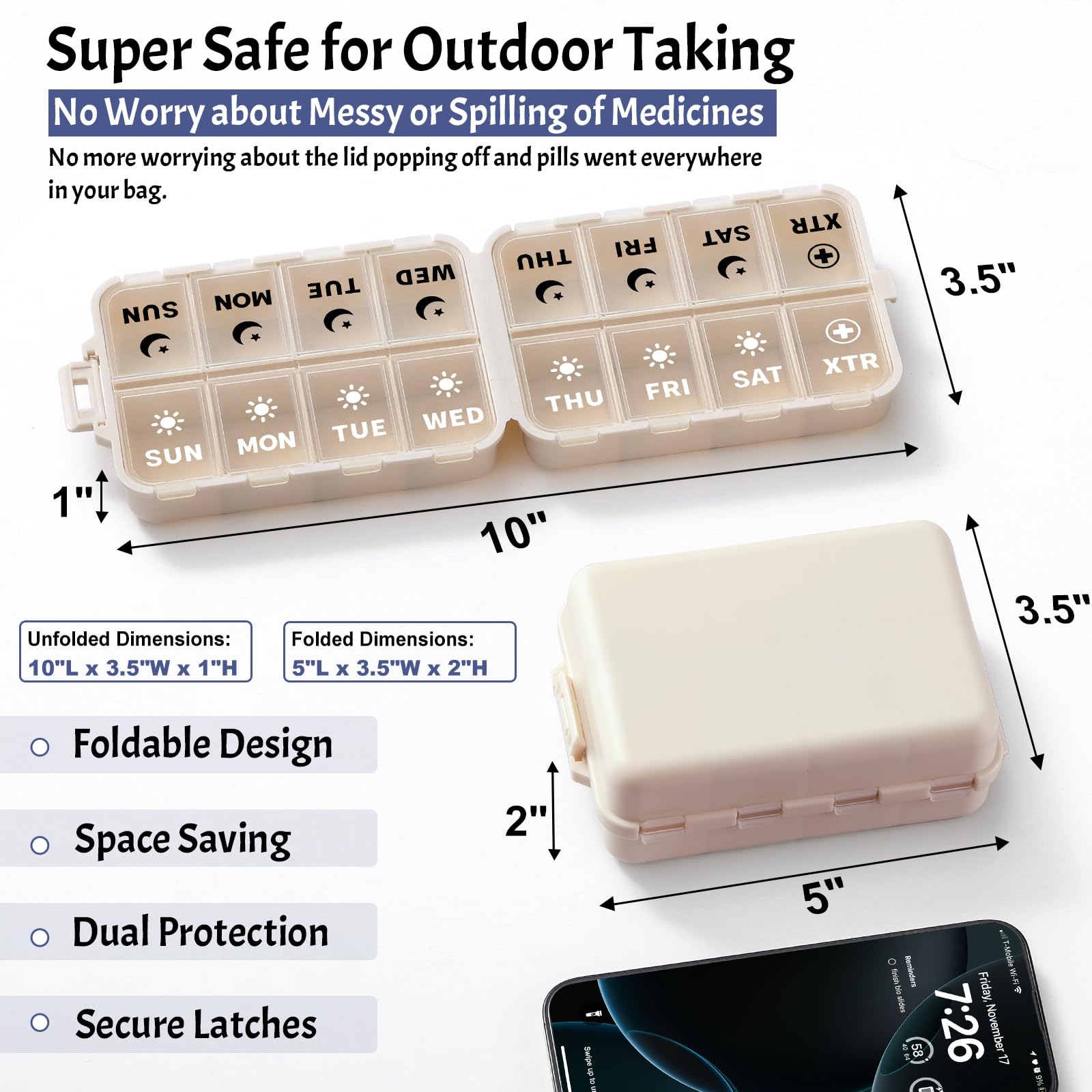 LANDNEOO portable 7 day AM PM medicine box opened flat showing 14 daily slots and clear printed labels.