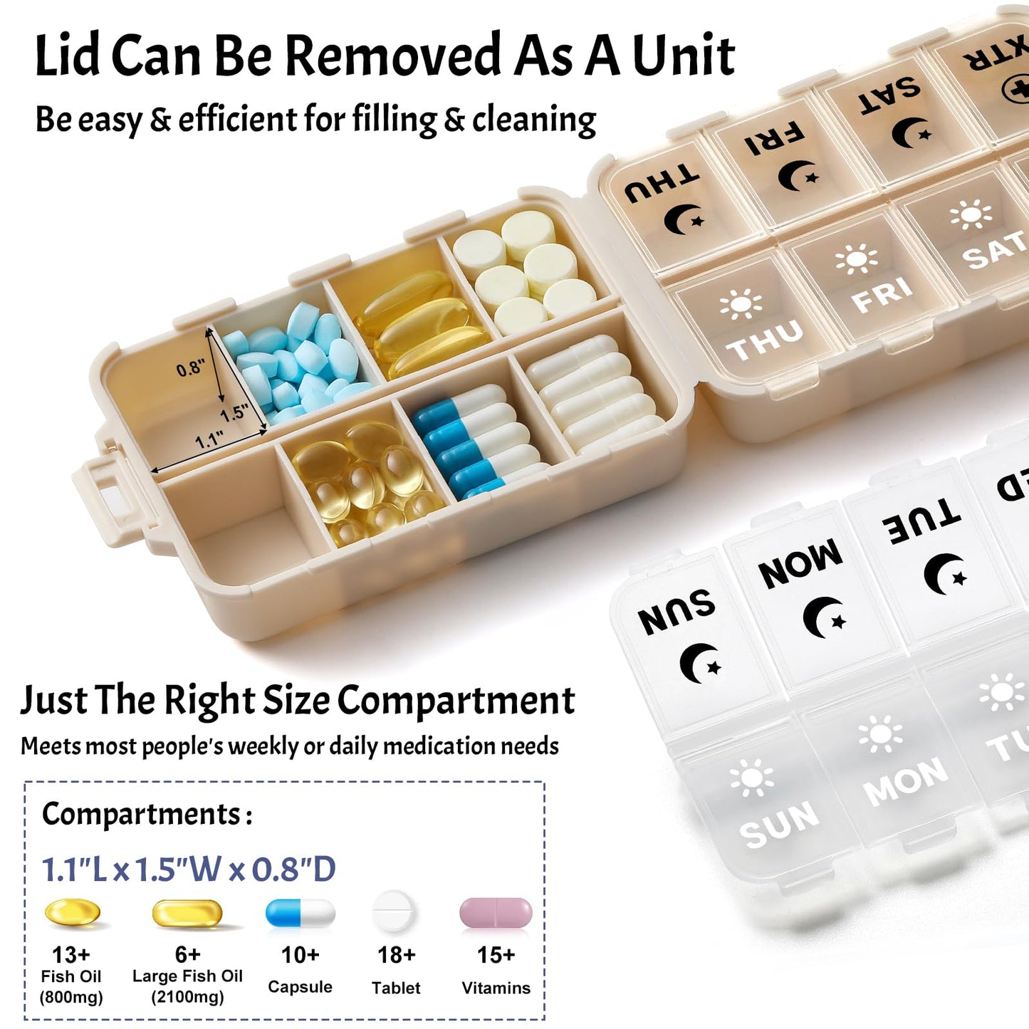 LANDNEOO travel vitamin case holder displaying the two extra compartments filled with large supplement capsules.