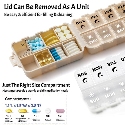 LANDNEOO travel vitamin case holder displaying the two extra compartments filled with large supplement capsules.