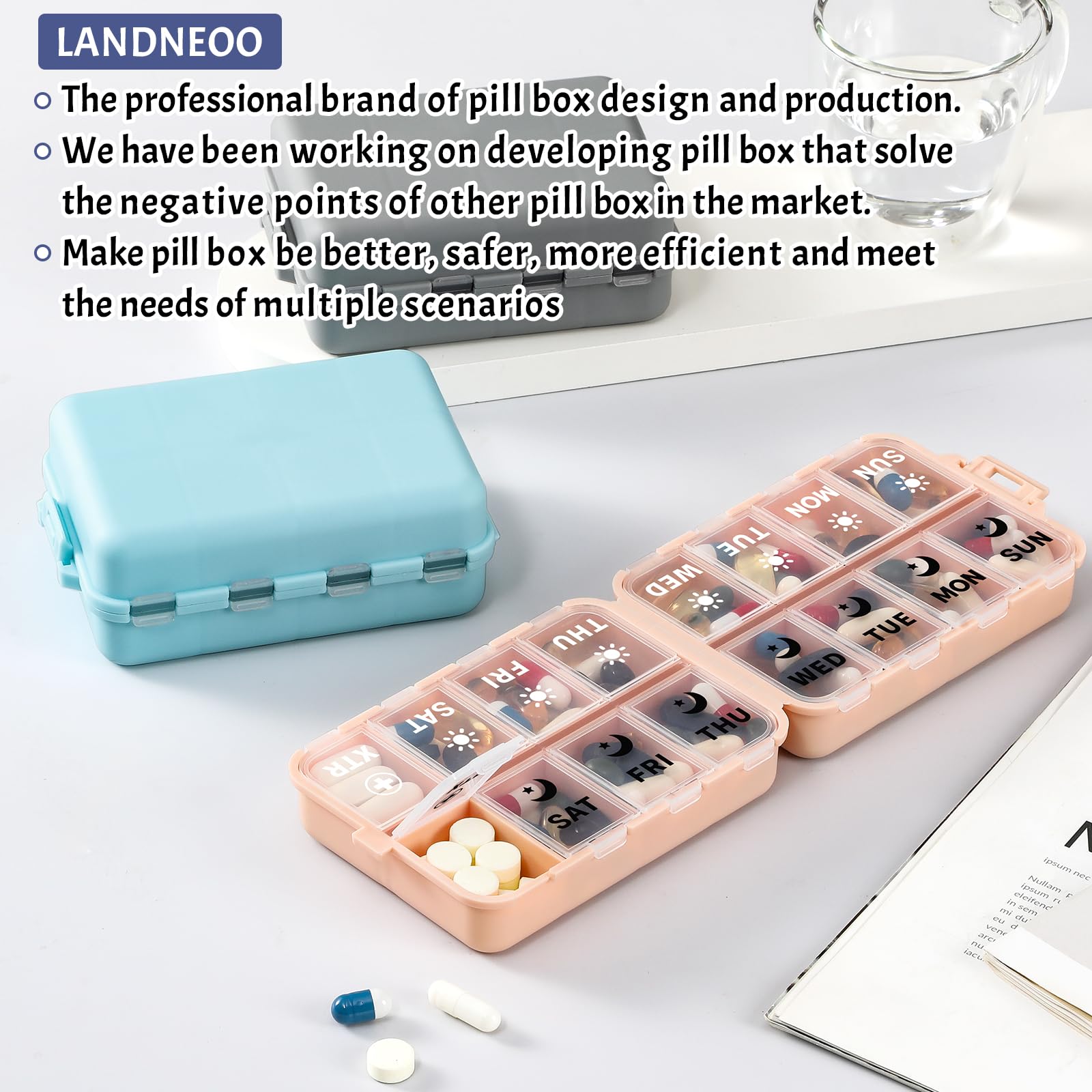 LANDNEOO weekly medication tracker box placed next to travel essentials to illustrate its lightweight portability.