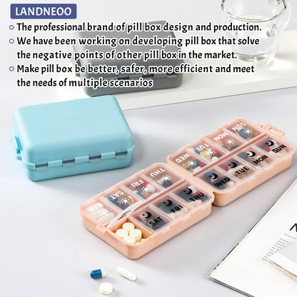 LANDNEOO weekly medication tracker box placed next to travel essentials to illustrate its lightweight portability.