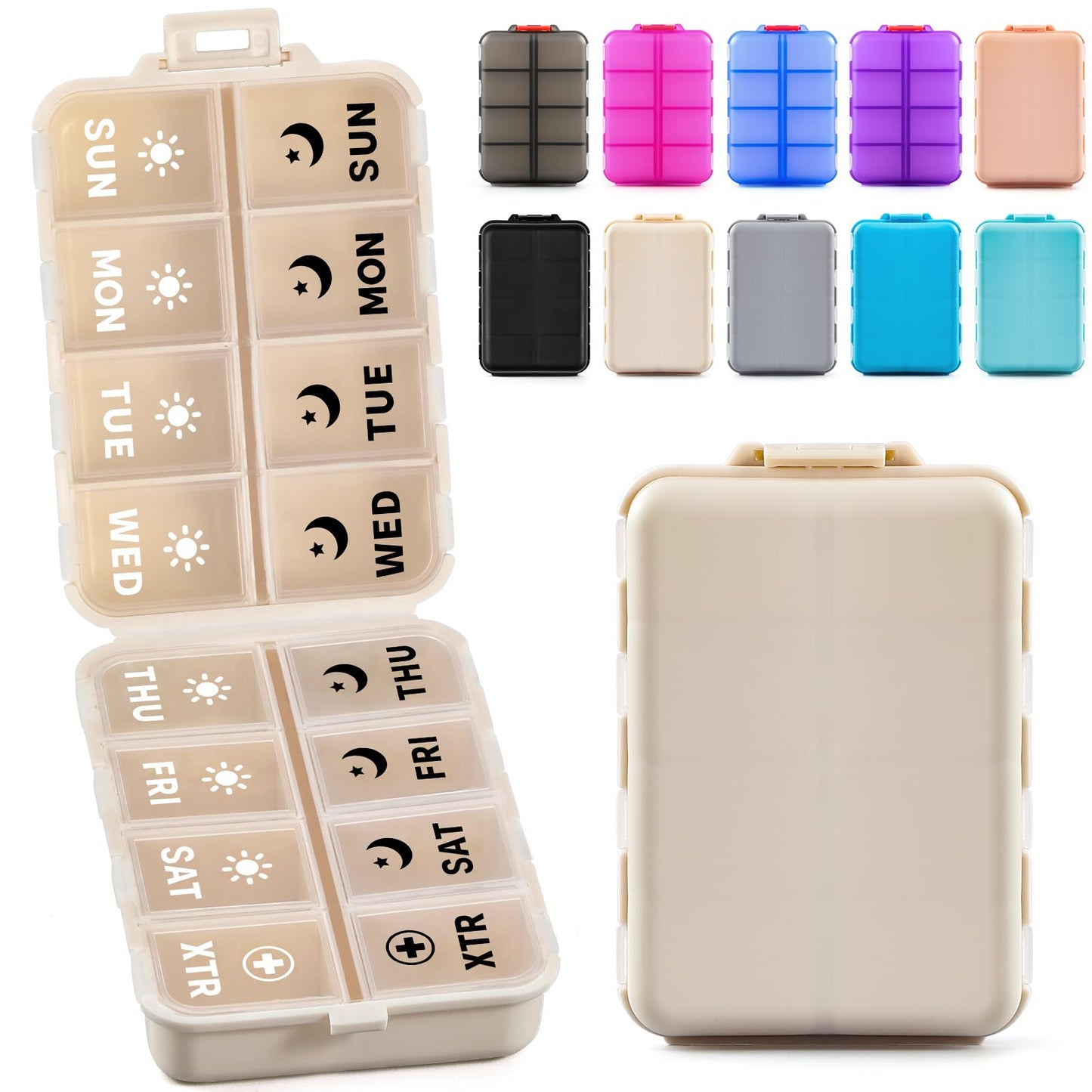 LANDNEOO khaki supplement holder showing multiple fish oil capsules fitting comfortably inside an individual compartment.